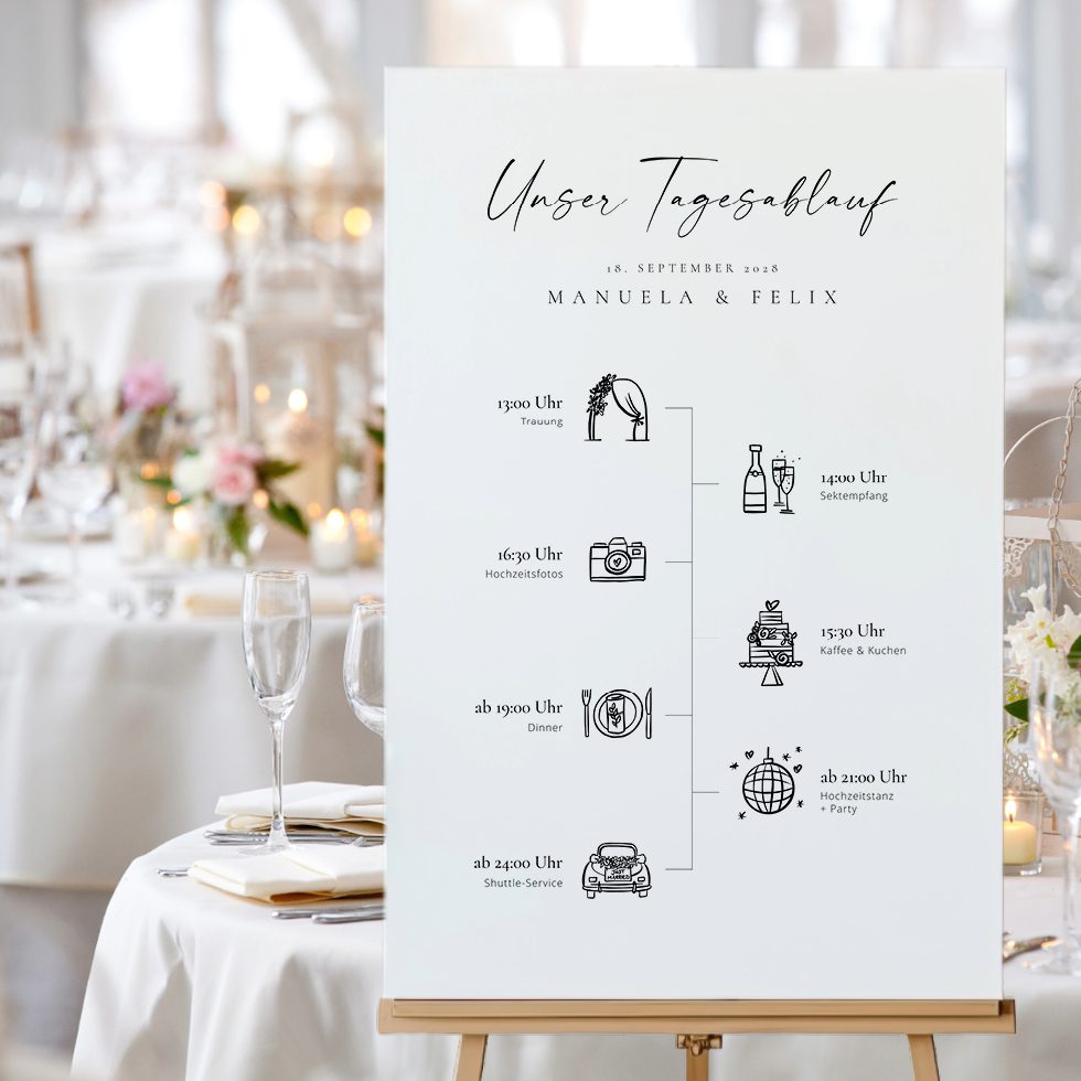 weddingstyle-feier-tagesablauf-schild-hochzeit-personalisiert image 1
