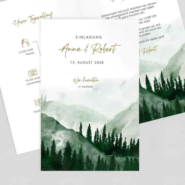 weddingstyle-hochzeitskarten-wald-berge-klappkarte-b6-einladung image 1