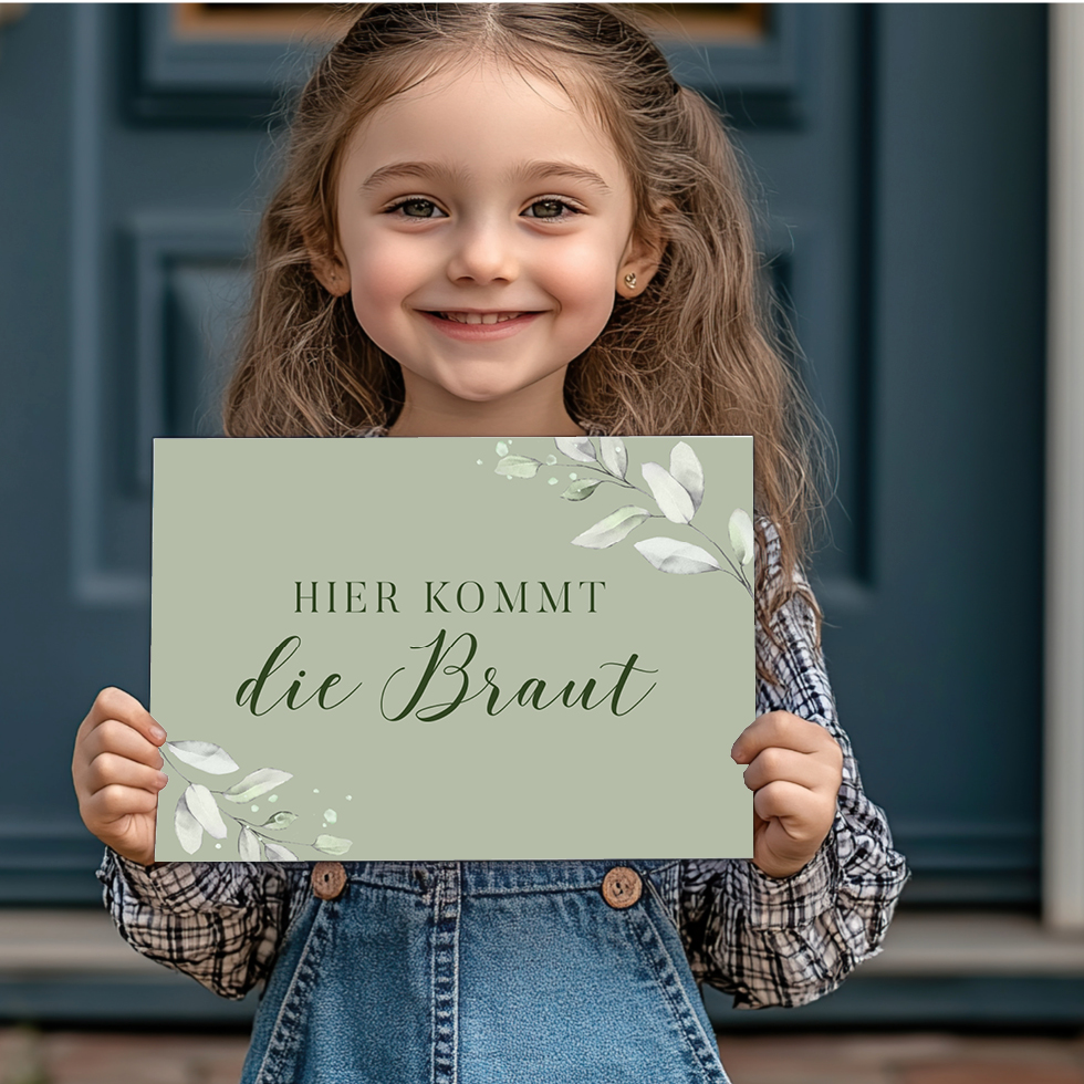 weddingstyle-trauung-hier-kommt-die-braut-schild-eukalyptus-personalisierbar image 4