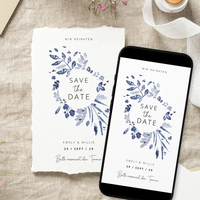 weddingstyle-blaue-blumen-save-the-date-karte-hochzeitspapier image 1