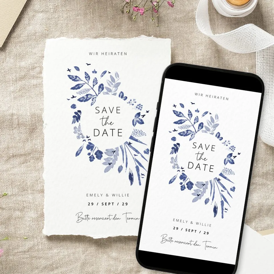 weddingstyle-blaue-blumen-save-the-date-karte-hochzeitspapier image 1