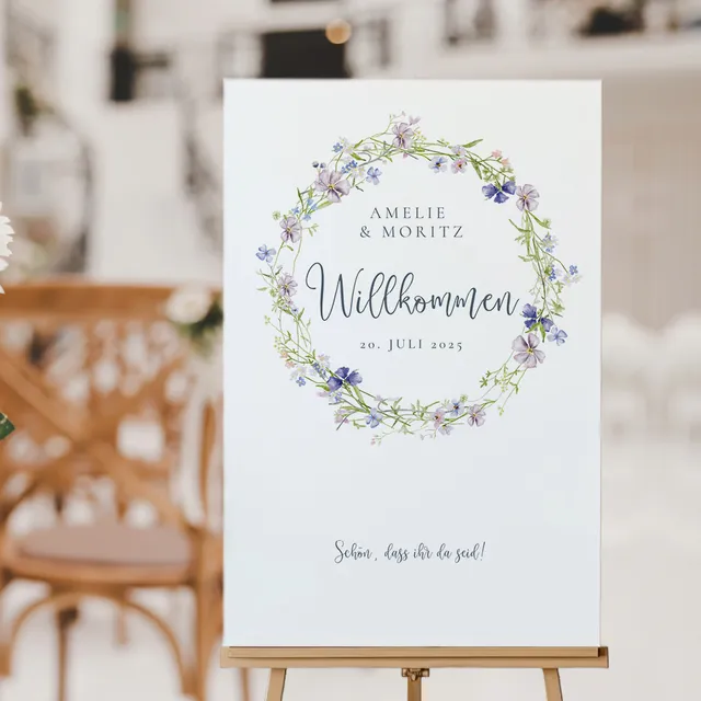 weddingstyle-trauung-willkommensschild-wildblumen-kranz-poster image 1