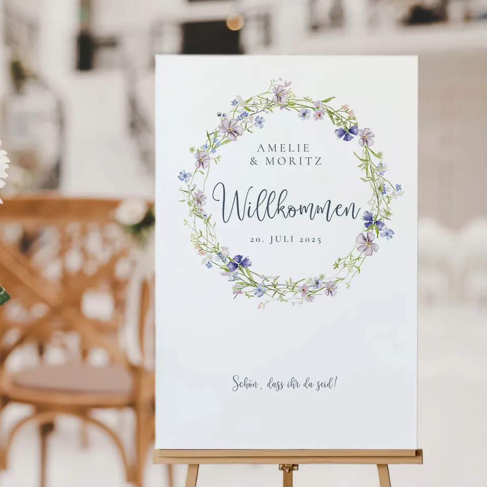 weddingstyle-trauung-willkommensschild-wildblumen-kranz-poster image 1