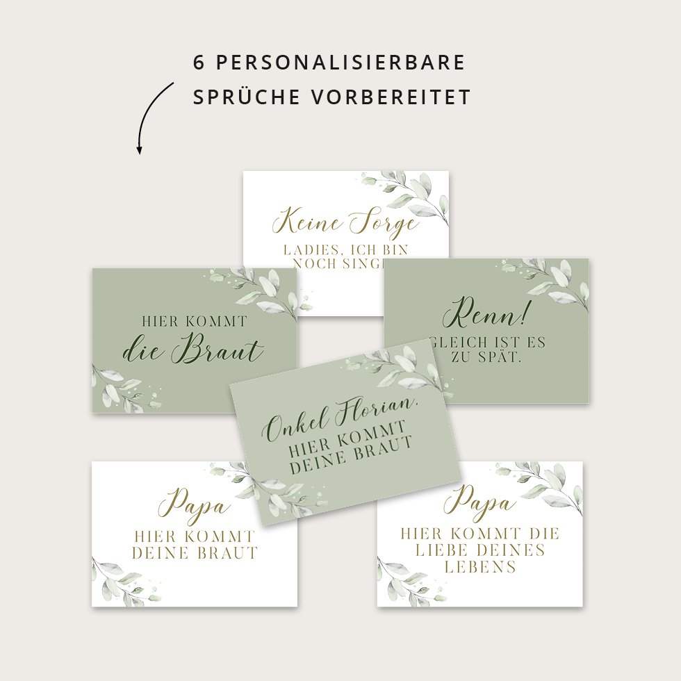 weddingstyle-trauung-hier-kommt-die-braut-schild-eukalyptus-personalisierbar image 6