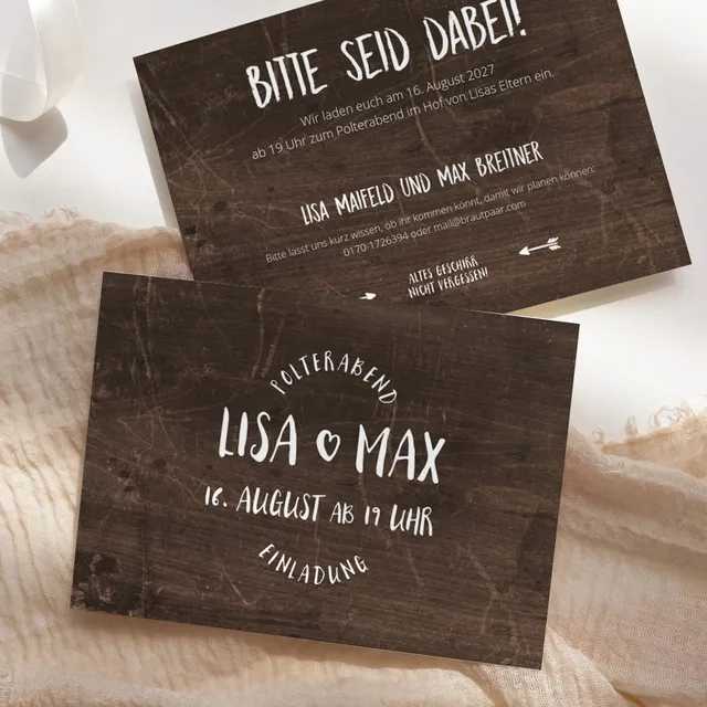 weddingstyle-hochzeitskarten-polterabend-rustic-wood-einladungskarte-din-a6 image 1