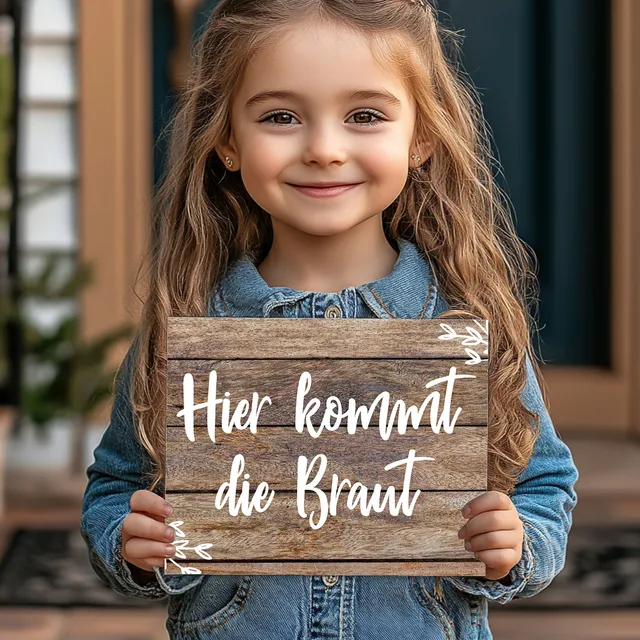 weddingstyle-trauung-schild-hier-kommt-die-braut-holzoptik image 1