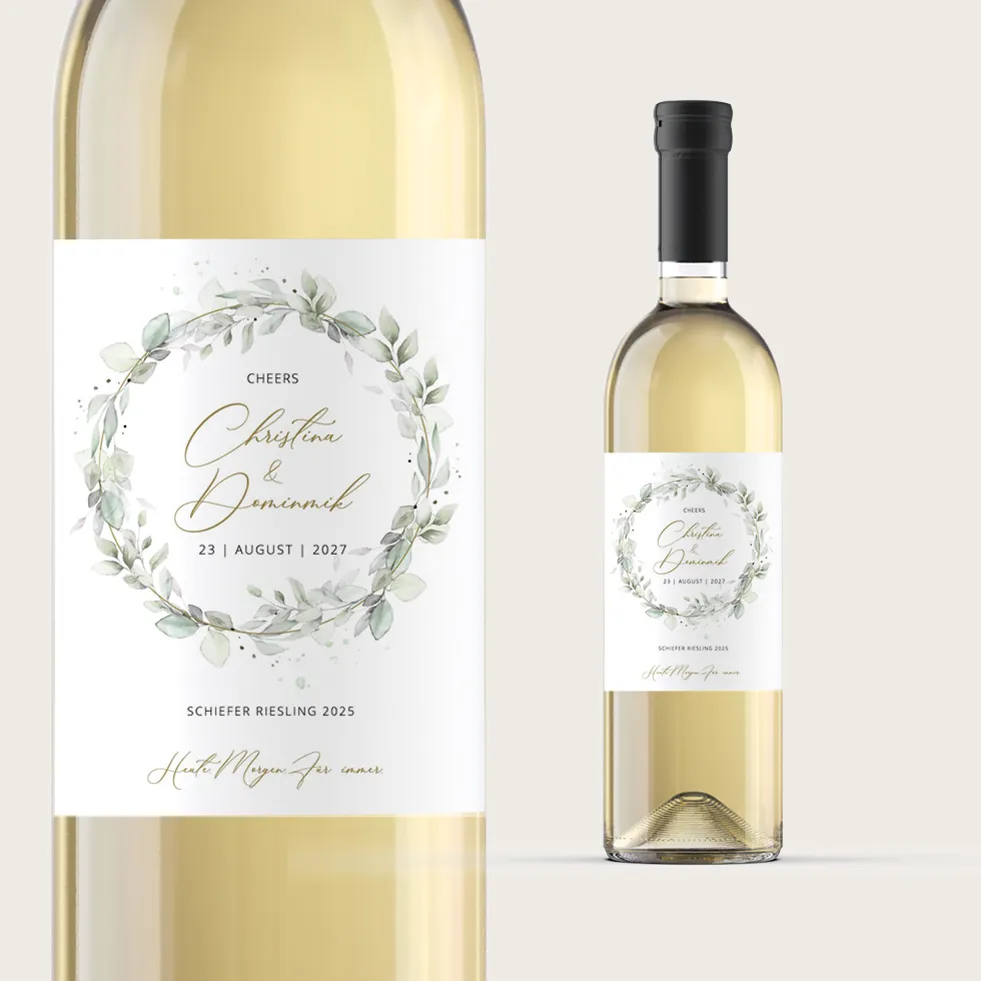 weddingstyle-feier-flaschenetiketten-eukalyptuskranz-personalisierbar image 1