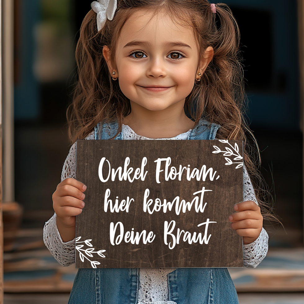weddingstyle-trauung-schild-hier-kommt-die-braut-holzoptik image 3