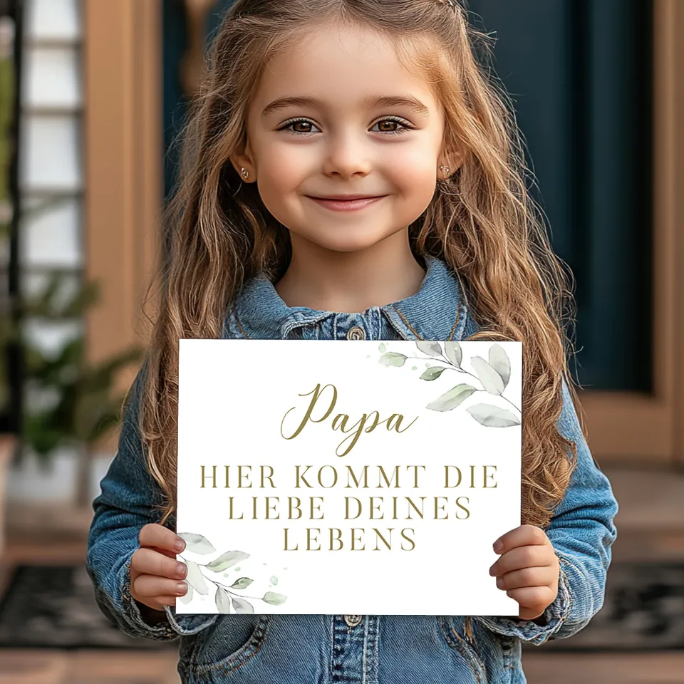 weddingstyle-trauung-hier-kommt-die-braut-schild-eukalyptus-personalisierbar image 1