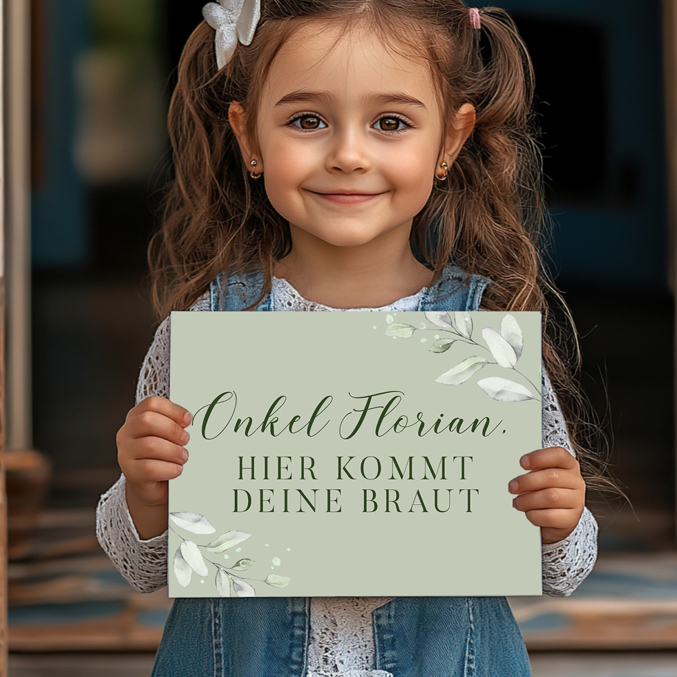 weddingstyle-trauung-hier-kommt-die-braut-schild-eukalyptus-personalisierbar image 5