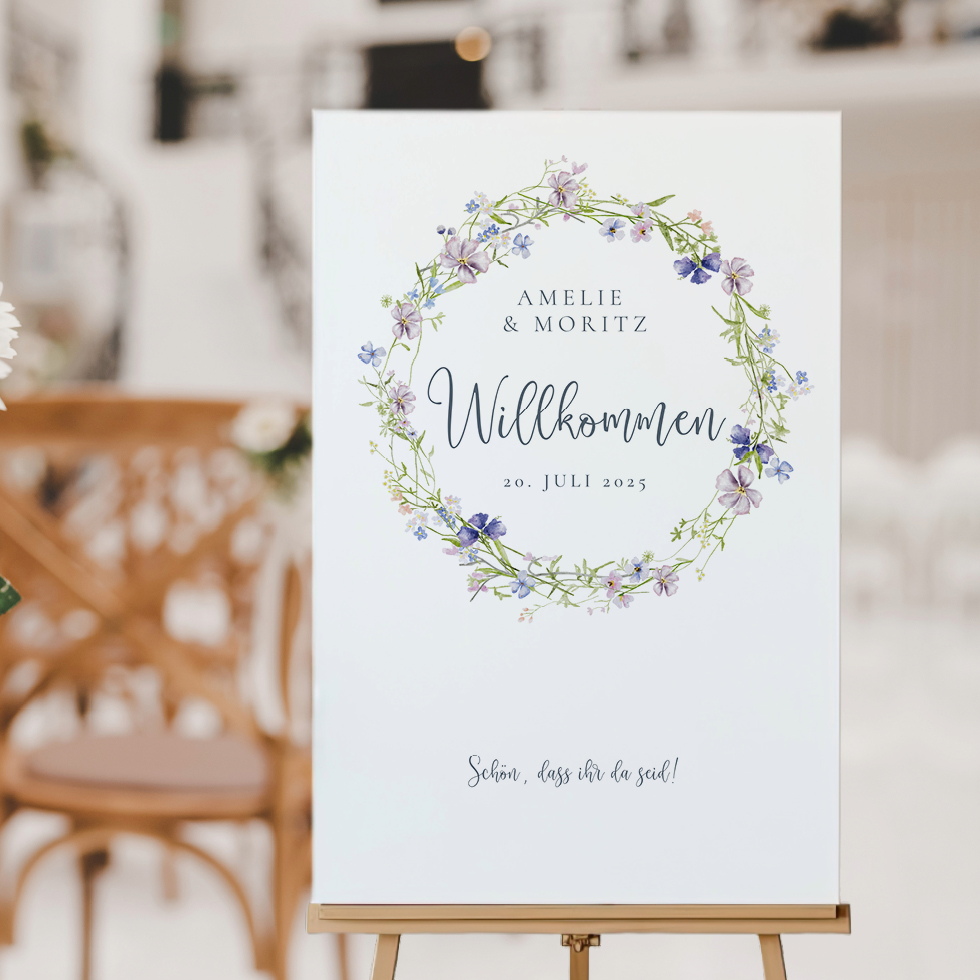 weddingstyle-trauung-willkommensschild-wildblumen-kranz-poster image 1